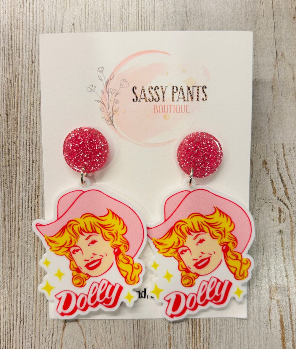 Dolly Parton Acrylic Pink Sparkle Earrings New
